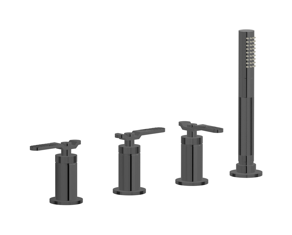 Смеситель на бортик ванной на 4 отверстия с изливом, дивертером и душевым гарнитуром. WE ARE IB b2397cf Black Chrome Bold