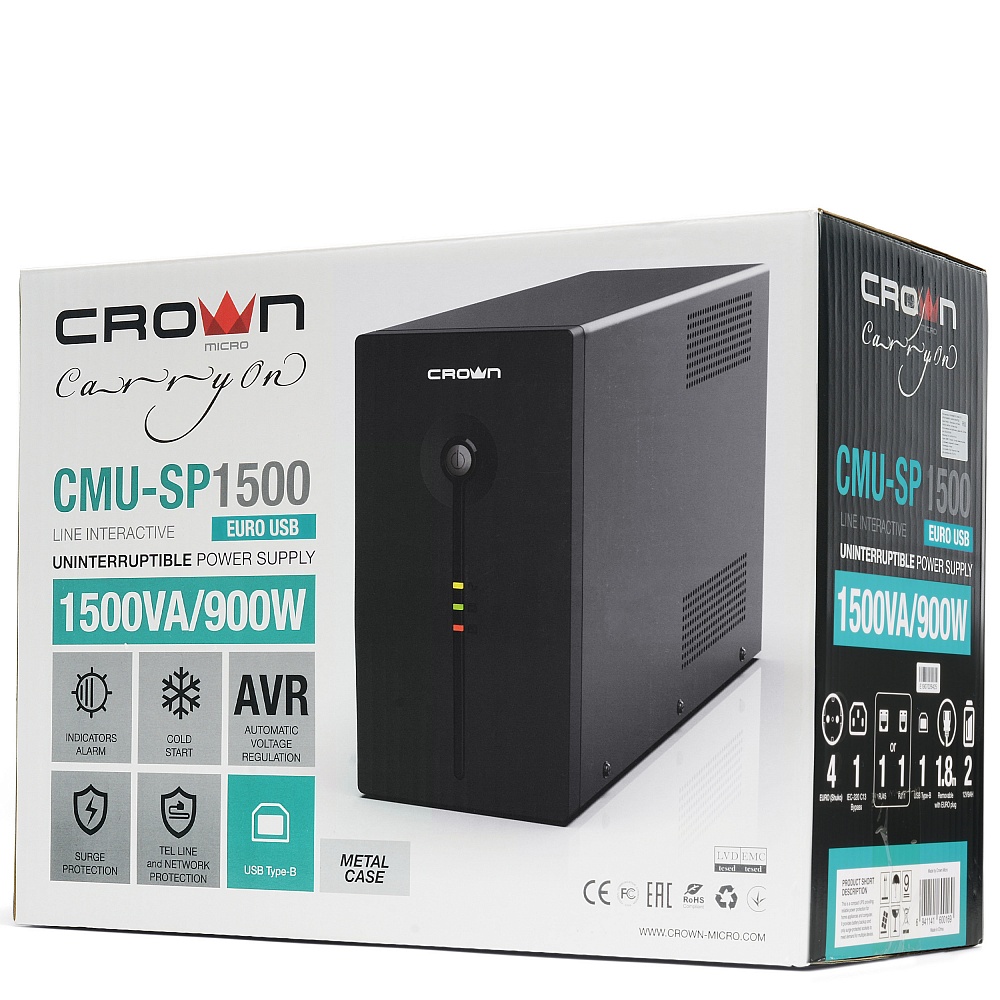 CMU-SP1500EURO USB Ups 1500va/900w, металл, 2x12v/9ah, розетки 4*euro+1*iec bybass, трансформатор avr 140-290v, съёмный кабель 1.8 м, фильтр телефонной и ethernet линии rj-11/45, usb-порт, защита батареи, от перегрузки, от кз, по Crown Santreyd  - Вид №4