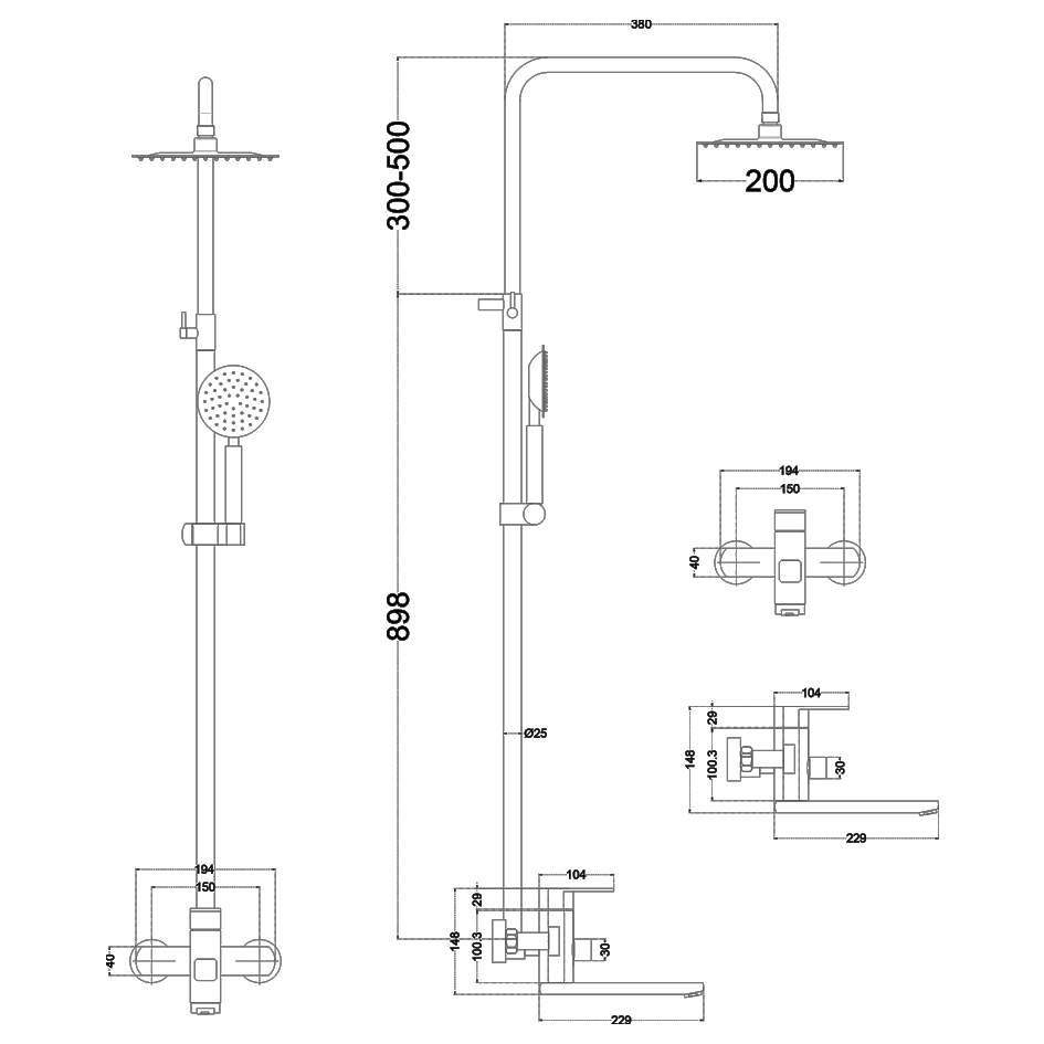 Душевая система MELANA-610307 Stello нерж.сталь, с тропическим душем, лейкой и смесителем - Вид №1