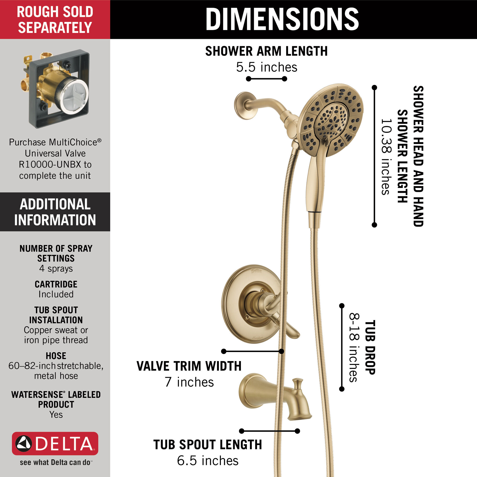 T17494-CZ-I Панель Monitor® 17 Series для ванны и душа с In2ition® Delta Faucet Linden Шампанское бронза  - Вид №7