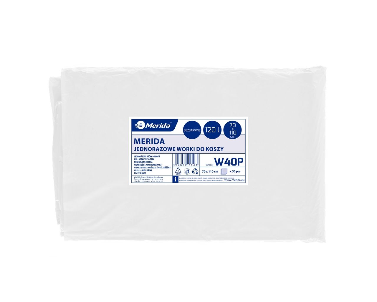 W40P Одноразовые мешки для мусора, 70 x 110 см, вместимость 120 л, 50 шт. в упаковке, ПРОЗРАЧНЫЕ, LDPE Merida 