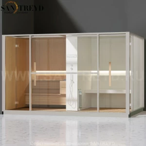 Effegibi LOGICA LO10020002 Комбинированная баня: хаммам и сауна. Установка: в левый угол. Мощность: 10,5 кВт макс. Размеры: длина 373 см, ширина 250 см. Отделка: канадский хемлок, матовый лакированный белый аллюминий и серый ламинат из керамогранита.