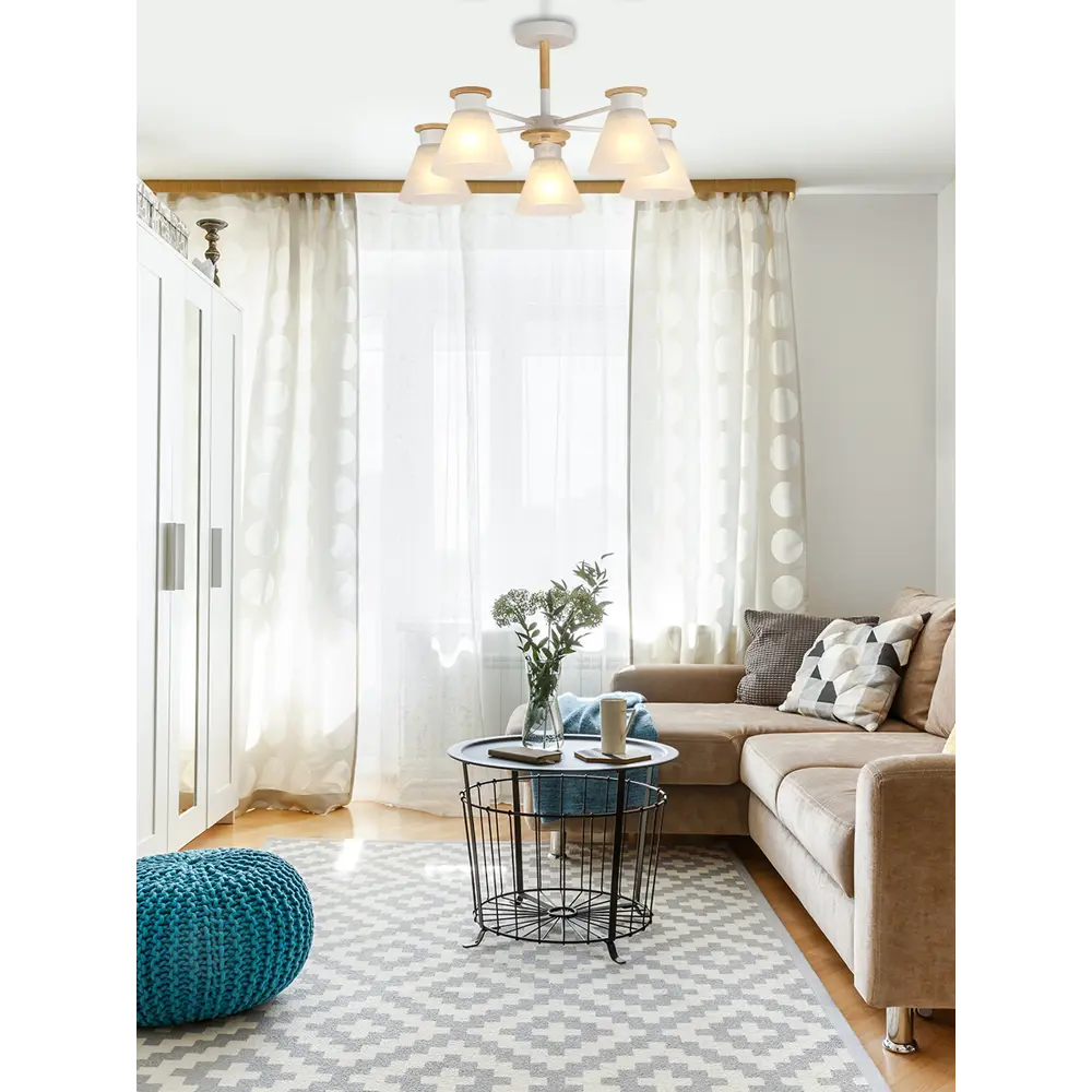 Люстра на штанге Kles, 5 ламп, 15 м², цвет белый/дерево LAMPLANDIA STLM-2071881 - Вид №10