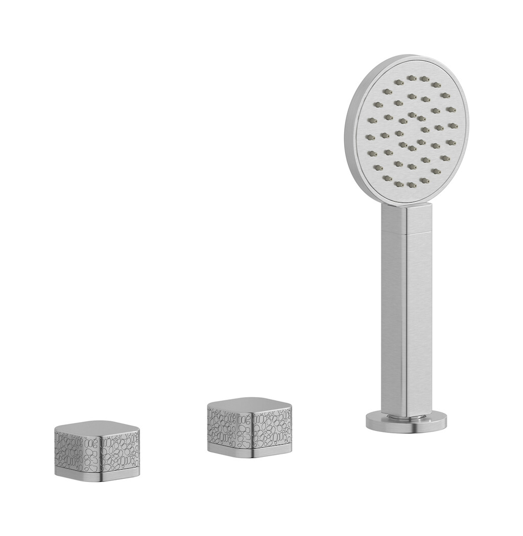 Смеситель на бортик ванной на 3 отверстия с изливом, дивертером и душевым гарнитуром. WE ARE IB eo397ss_2 Brushed Nickel Elio