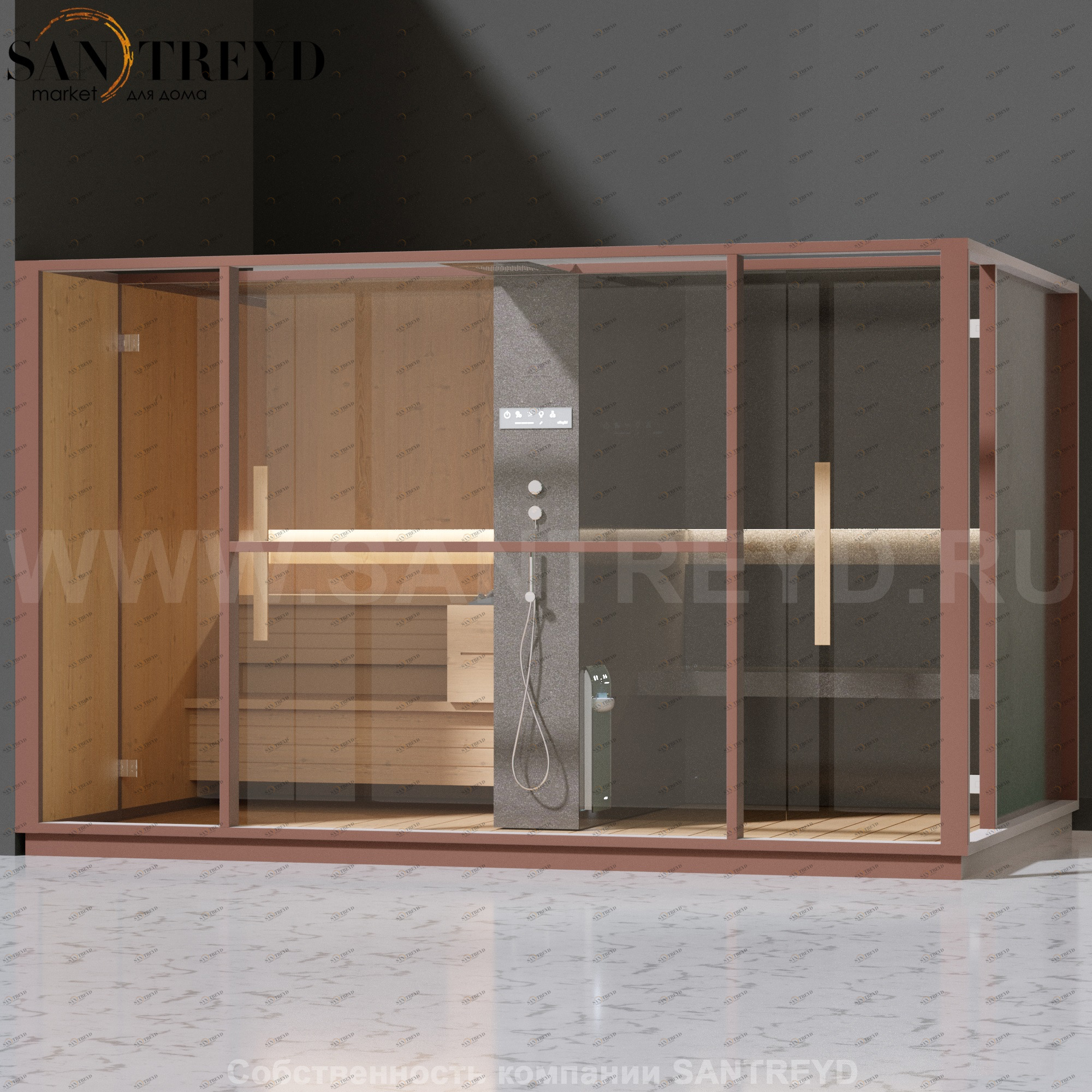 Effegibi LOGICA LO10030002 Комбинированная баня: хаммам и сауна. Установка: в левый угол. Мощность: 10,5 кВт макс. Размеры: длина 373 см, ширина 250 см. Отделка: канадский хемлок, матовый лакированный коричневый аллюминий и темный ламинат из керамогранита