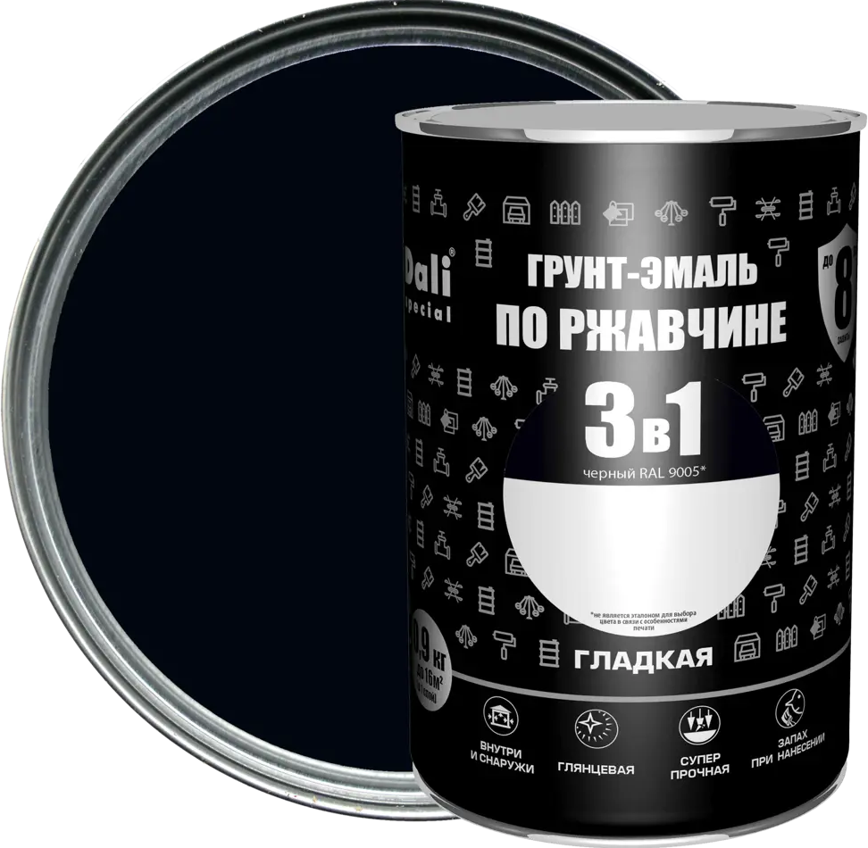 Грунт-эмаль Dali 3 в 1 - защита металла от коррозии, черный 0.9 кг 83372451