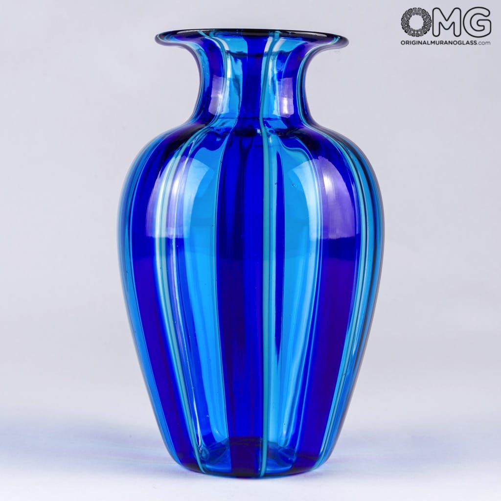 2449 ORIGINALMURANOGLASS Ваза в синюю полоску из муранского стекла - Original Murano Glass OMG 11 см  - Вид №1