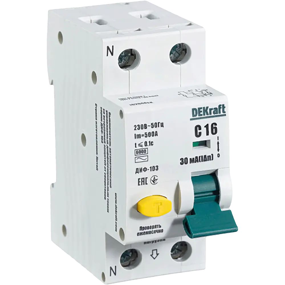 Дифференциальный автомат DEKraft 1P N C16 А 30 мА 6 кА AC 16204DEK 84509409 STLM-2067120 