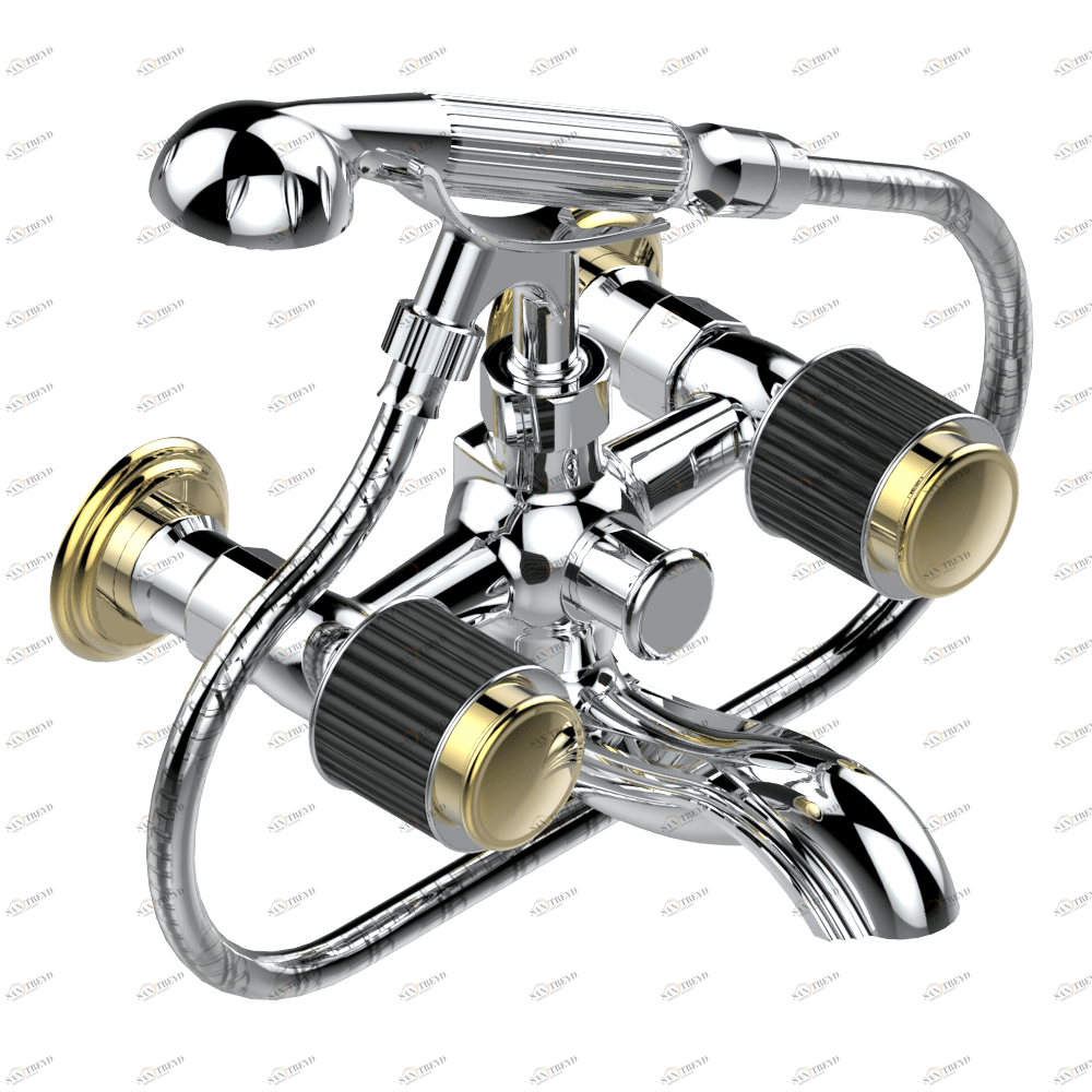 A9C-13B Смеситель для ванны настенный на 2 отверстия с ручным душем и шлангом - 150 мм между центрами Thg-paris Jaipur c чёрным ониксом Хром-золото A9C 13B CAT.A