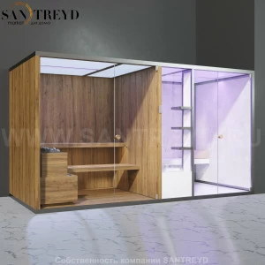 Effegibi BODYLOVE SH BL40210002 Фронтальная комбинированная баня: хаммам и сауна. Установка: в правый угол. Мощность: 15 кВт макс. Размеры: длина 393 см, ширина 176 см. Отделка: термообработанная древесина, светлый керамогранит и гладкая термообработанная