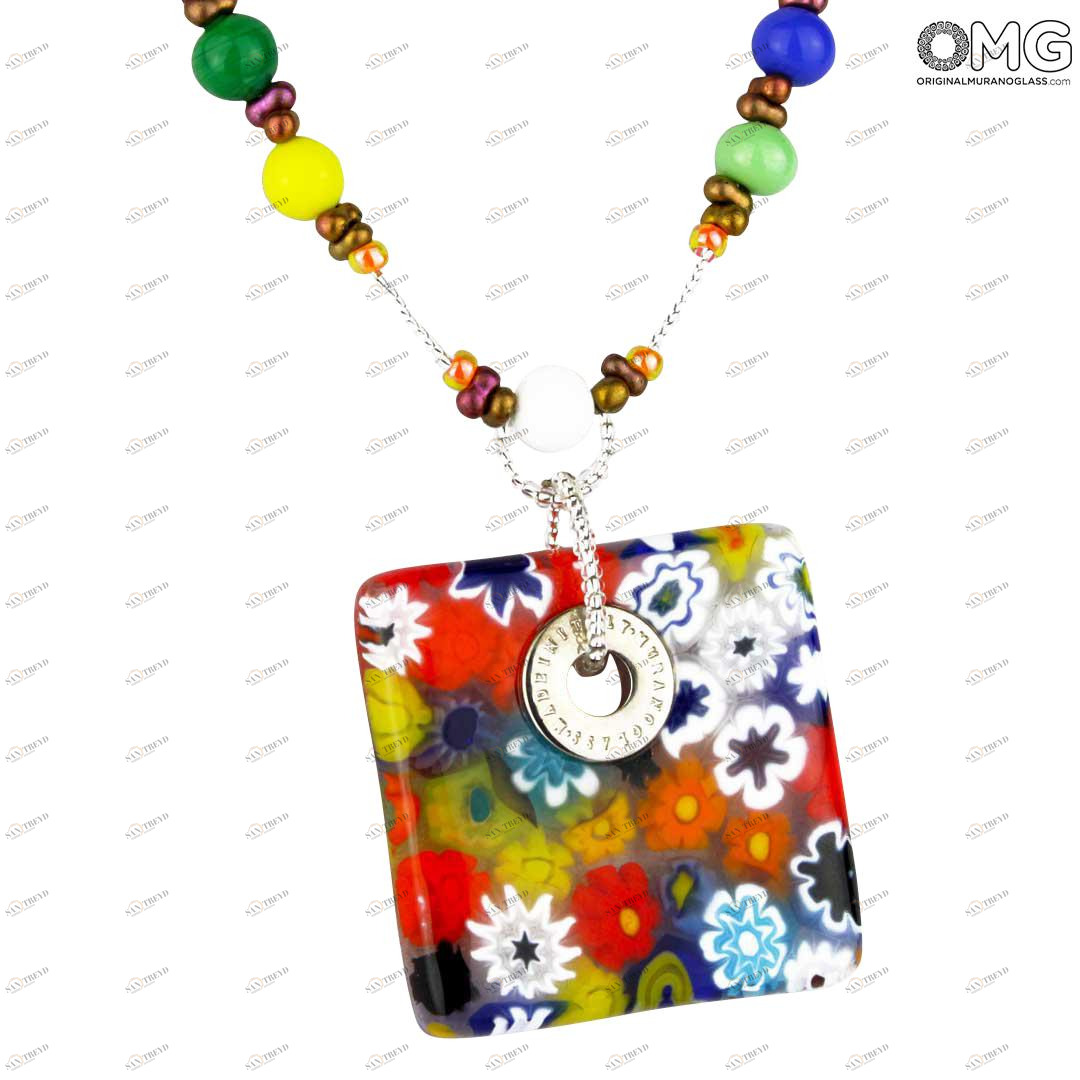 3314 ORIGINALMURANOGLASS Ожерелье с квадратной подвеской - миллефиори - Original Murano Glass OMG 45 см 