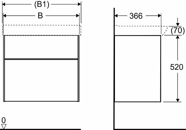 47430 IFO Sense тумба под умывальник, с двумя ящиками, W = 600 мм, W1 = 622 мм, белый - Вид №12