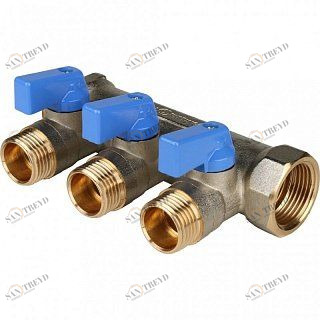 Коллектор с шаровыми кранами 3/4" STOUT 3 выхода 1/2", синие ручки SMB6201341203