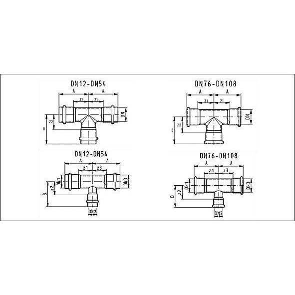 69130542854 SANHA 9130 пресс-фит. нерж.сталь, тройник ВПр 54x28x54 мм  - Вид №1