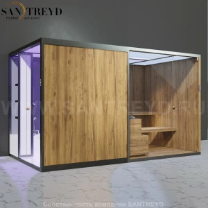 Effegibi BODYLOVE SH BL45230007 Боковая комбинированная баня: хаммам и сауна. Установка: к стене. Мощность: 15 кВт макс. Размеры: длина 393 см, ширина 176 см. Отделка: термообработанная древесина, гладкое стекло и гладкая термообработанная древесина.