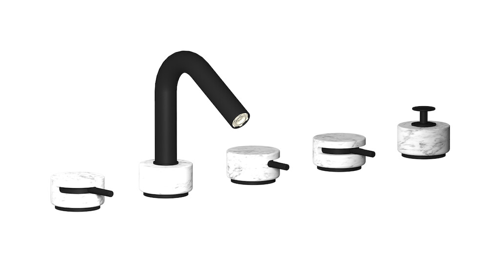 Смеситель на бортик ванной на 5 отверстий с дивертером и душевым гарнитуром. WE ARE IB mr396np_1 Matt Black Marmo