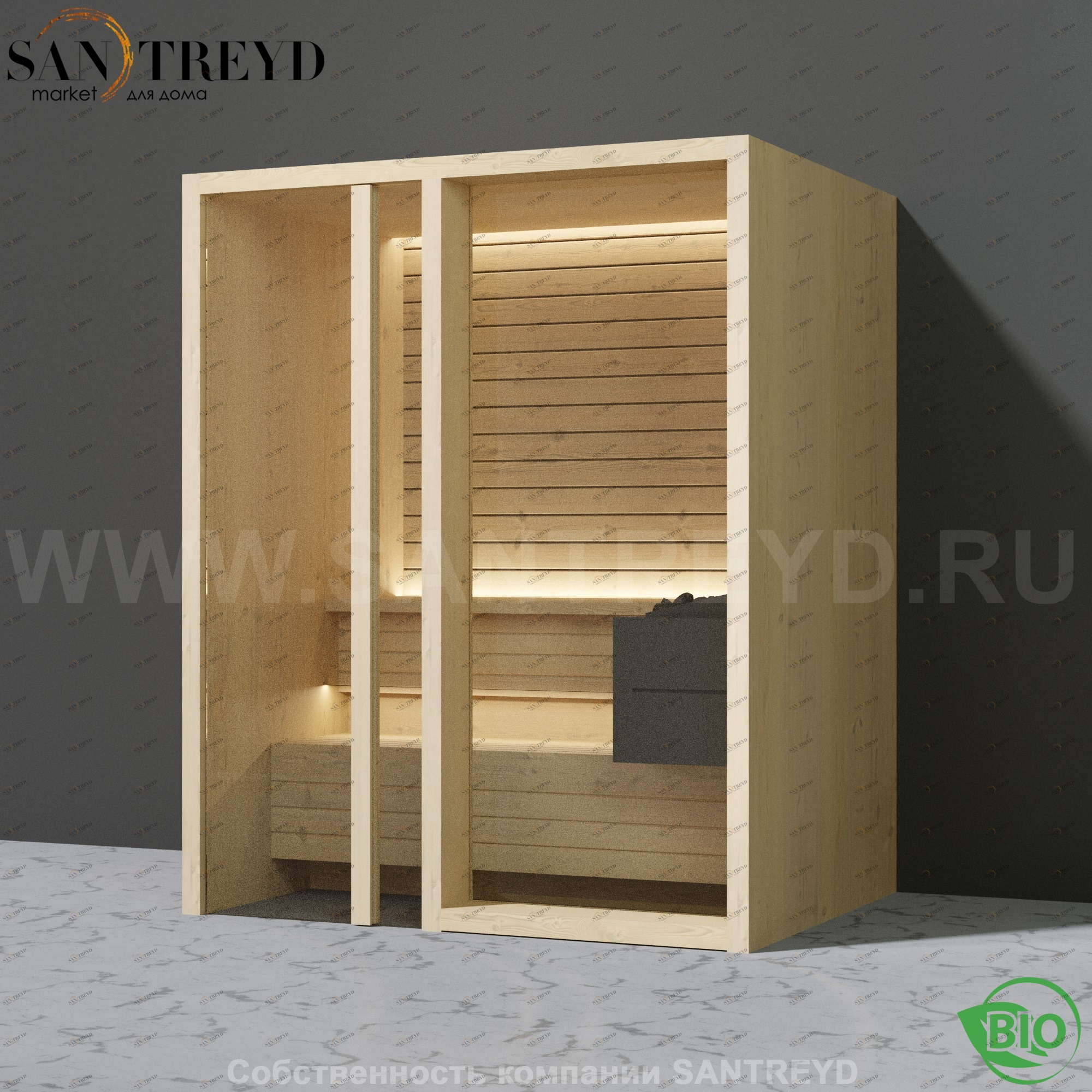 Effegibi YOKU.G45 BI.70300022 Био-сауна с левой дверью. Мощность: 4,5 кВт макс. Размеры: длина 174 см, ширина 132 см. Отделка: осина термообработанная BI70300022