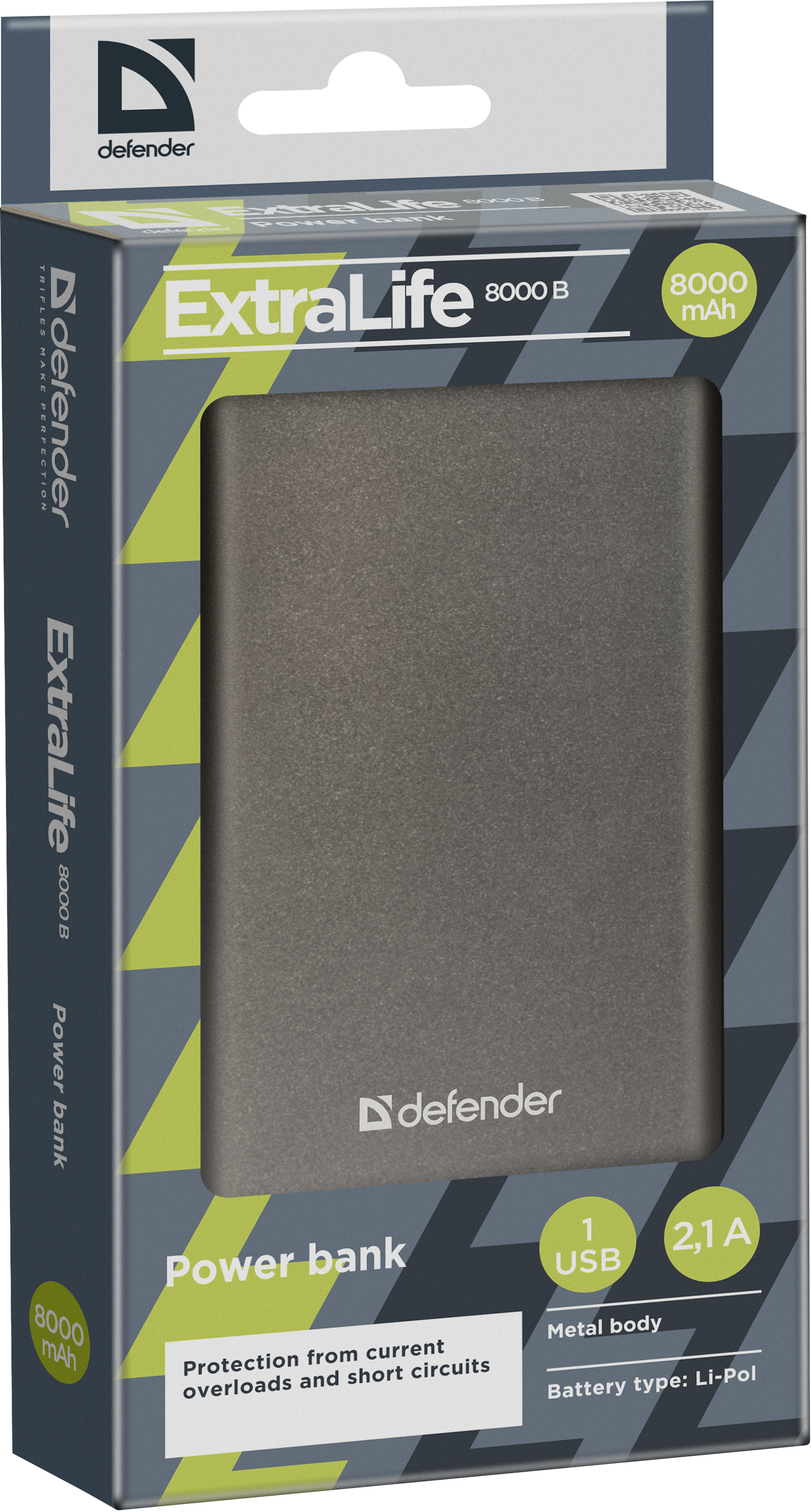 83622 внешний аккумулятор extralife 8000b li-pol, 1 usb, 8000 mah, 2.1a Defender Santreyd  - Вид №3