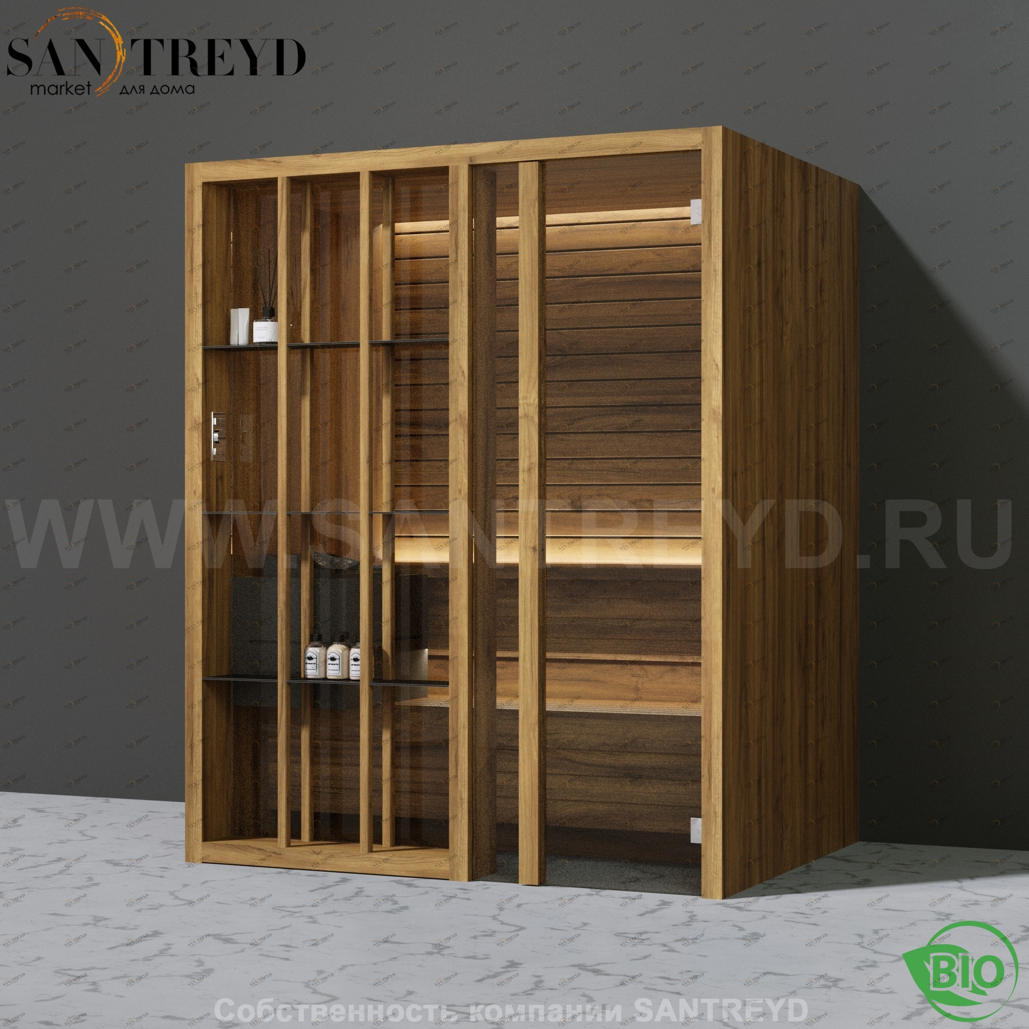 Effegibi YOKU.S45 BI.70100023 Био-сауна с правой дверью. Мощность: 4,5 кВт макс. Размеры: длина 174 см, ширина 132 см. Отделка: термообработанное дерево BI70100023