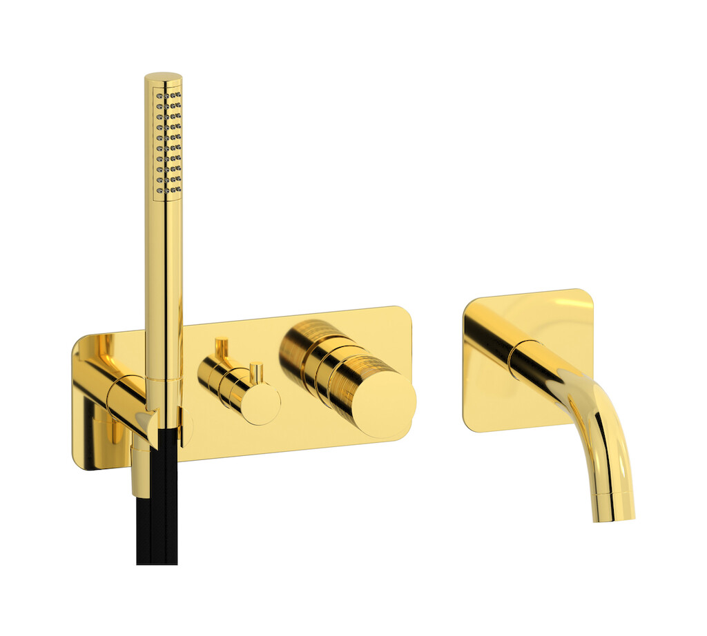 Настенный смеситель для ванной на дивертером и душевым гарнитуром. WE ARE IB vn202is Gold Vinile