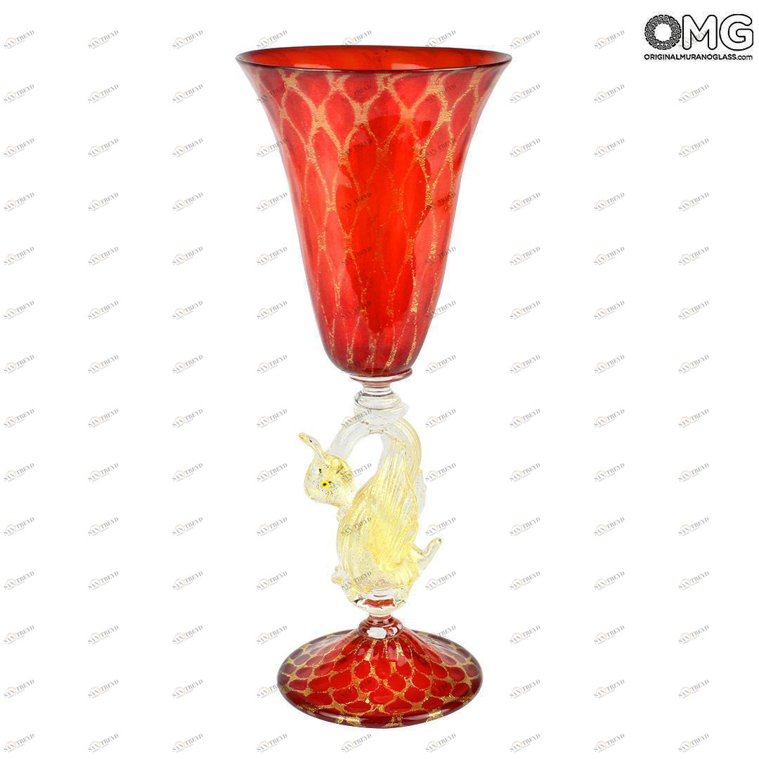2212 ORIGINALMURANOGLASS Венецианский красный бокал c золотым лебедем Calice Rosso - муранское стекло 9 см 