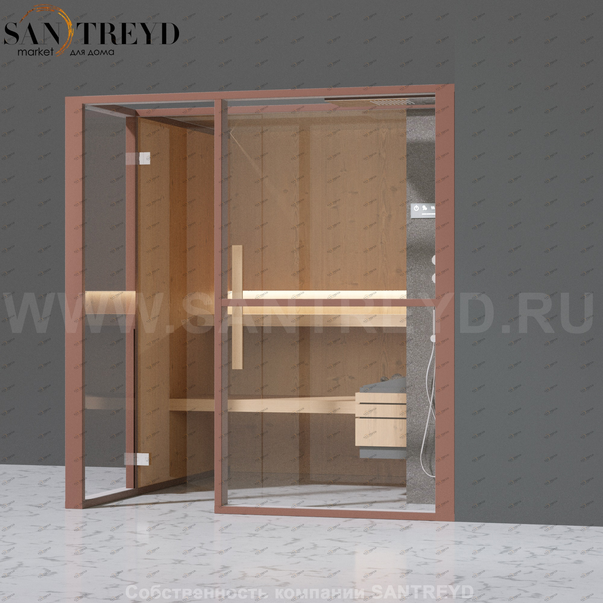 Effegibi LOGICAFILO S LO21030007 Сауна. Установка: в правый угол. Правая дверь. Мощность: 6 кВт макс. Размеры: длина 214 см, ширина 250 см. Отделка: канадский хемлок, матовый лакированный коричневый аллюминий и темный ламинат из керамогранита.