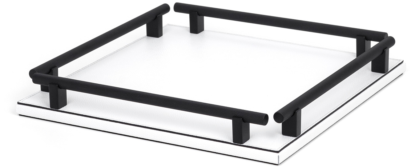 Квадратный поднос Robert - 28X28 см / металлическая отделка_сатинированная латунь / плетеная кожа_серо-коричневый