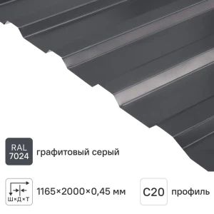 Профнастил С20В 0.45 мм 1165x2000 мм RAL 7024 серый 88883830 STLM-2131585