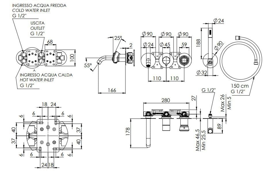Набор встраиваемых ванн с одной ручкой и ручным душем Remer Rubinetterie Element ARCH-00047805 - Вид №2