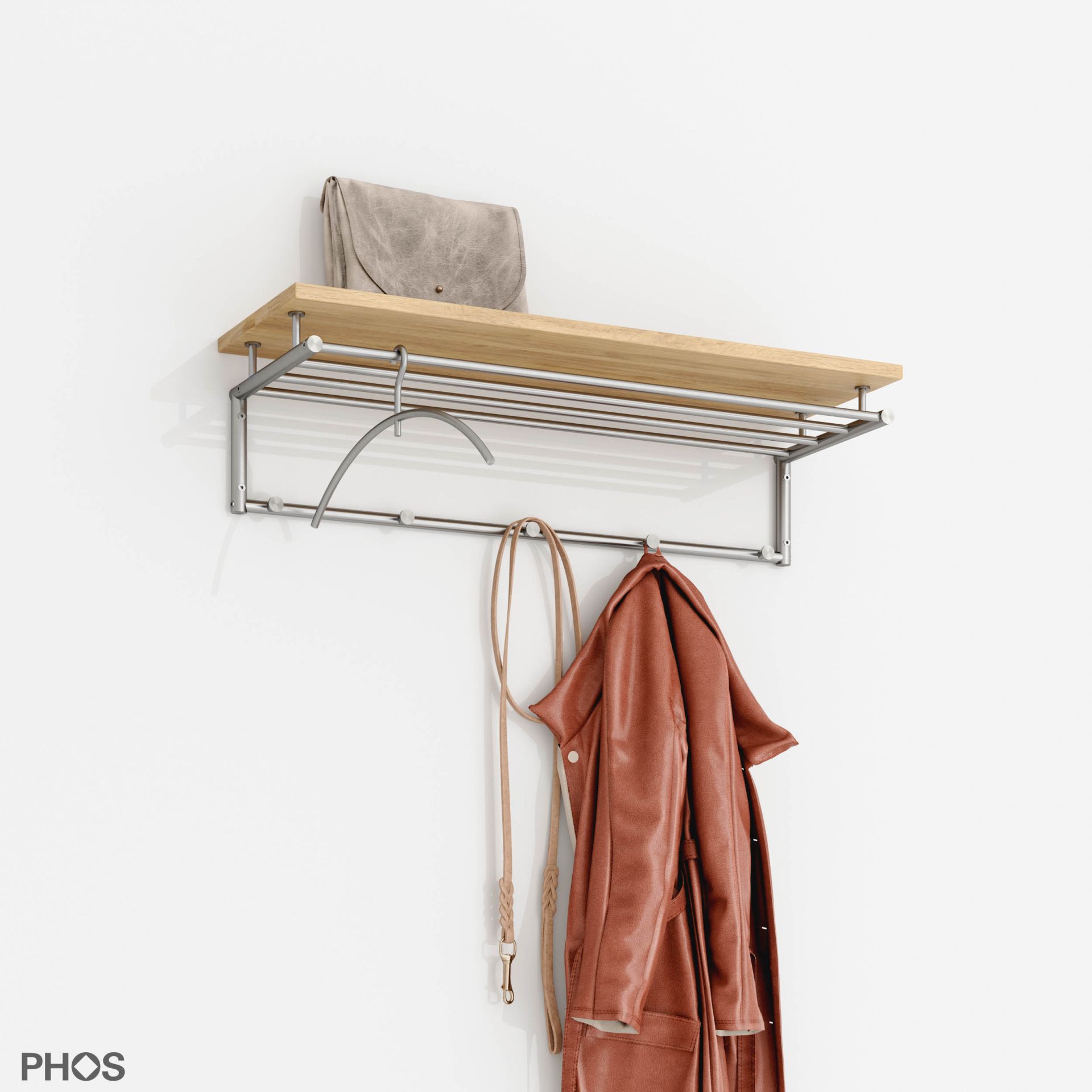 G17-800-Eiche Навесной шкаф g17 с 4 платяными штангами, 5 крючками и деревянной полкой из массива дуба - ширина 85 см PHOS  - Вид №3