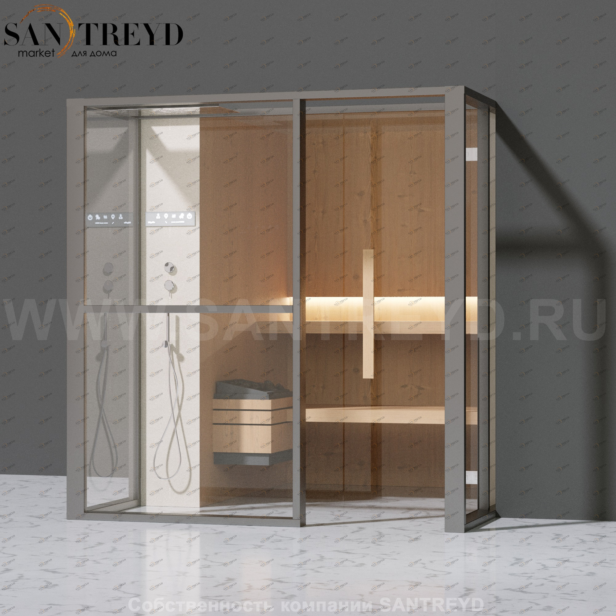 Effegibi LOGICAFILO S LO21010016 Сауна. Установка: в правый  полуугол. Левая дверь. Мощность: 6 кВт макс. Размеры: длина 214 см, ширина 250 см. Отделка: канадский хемлок, матовый лакированный серый аллюминий и бежевый ламинат из керамогранита.