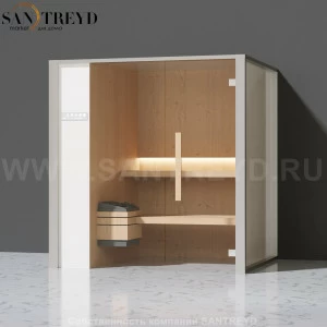 Effegibi ONEFILO S LO51020002 Сауна. Установка: к стене. Левая дверь. Мощность: 4,5 кВт макс. Размеры: длина 214 см, ширина 171 см. Отделка: матовый лакированный белый аллюминий и серый ламинат из керамогранита.