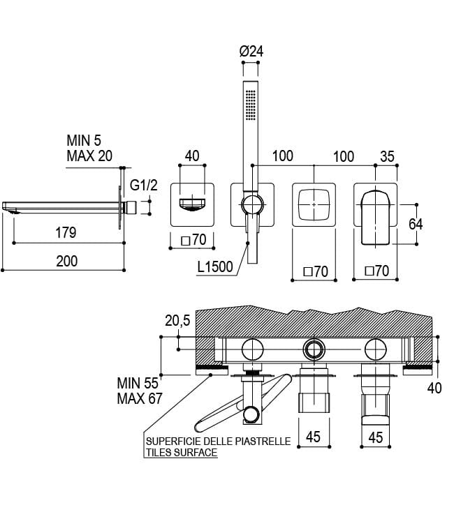 Латунный настенный встраиваемый смеситель для ванны с переключателем Ritmonio Haptic S ARCH-00135159 - Вид №3