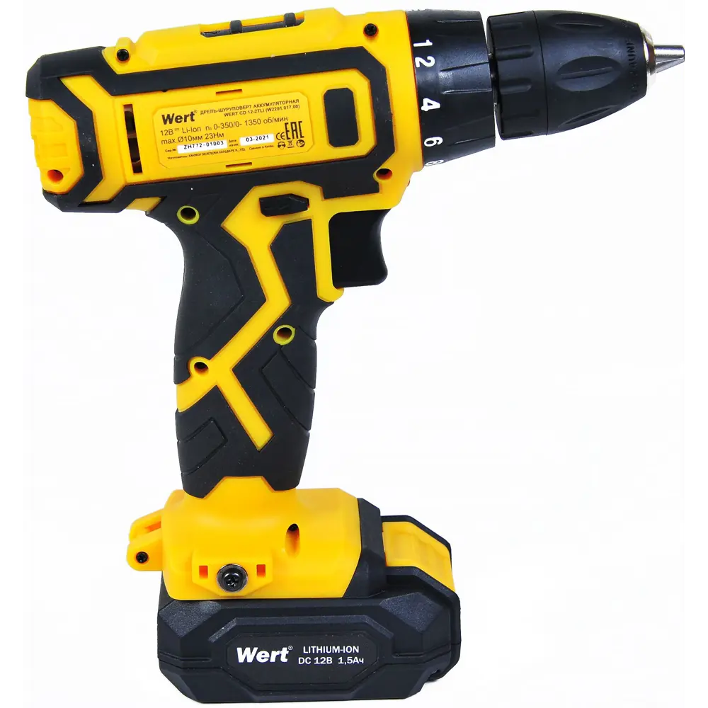 Дрель-шуруповерт аккумуляторная Wert CD 12-2TLi, 12 В Li-ion 2x1.5 Ач STLM-2000642 - Вид №4