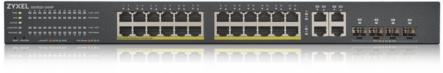 GS192024HPV2-EU0101F gs1920-24hpv2 hybrid smart switch poe+ nebula flex, 24xge poe+, 4xcombo (sfp/rj-45), budget poe 375w, standalone / cloud management ZyXEL Santreyd 