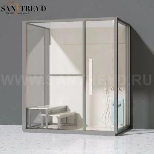 Effegibi H LARGE LO80010002 Комбинированная баня: хаммам и душ. Установка: к стене. Левая дверь. Мощность: 4,5 кВт макс. Размеры: длина 173 см, ширина 102 см. Отделка: матовый лакированный серый аллюминий и бежевый ламинат из керамогранита.