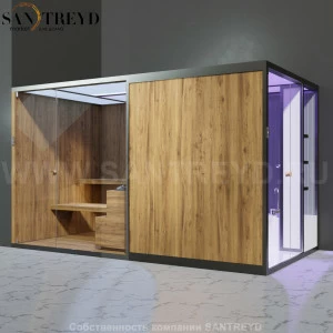 Effegibi BODYLOVE SH BL45240004 Боковая комбинированная баня: хаммам и сауна. Установка: в левый угол. Мощность: 15 кВт макс. Размеры: длина 393 см, ширина 176 см. Отделка: термообработанная древесина, трубчатое стекло и гладкая термообработанная древесин