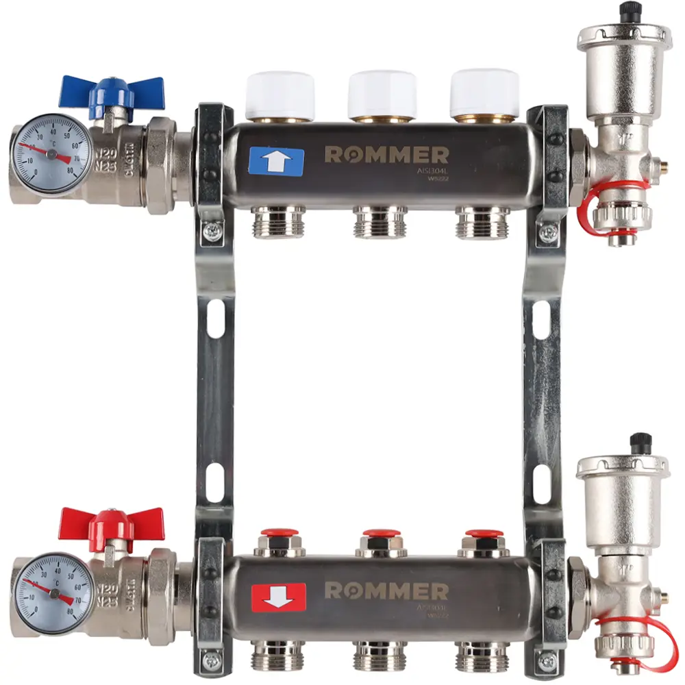 Коллектор в сборе для радиаторного отопления Rommer 1"x3/4" 3 выхода нержавеющая сталь RMS-3210-000003 89261900 STLM-2138152 