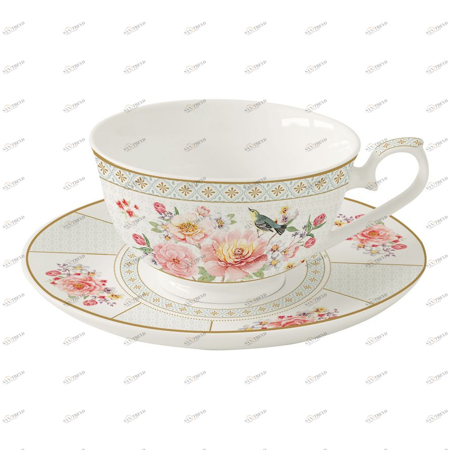 Чашка фарфоровая с блюдцем белая с розовым 350 мл в подарочной упаковке "Райский сад" EASY LIFE РАЙСКИЙ САД 00-3947042 Белый;розовый 