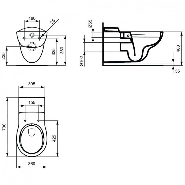 S306901 Безободковый подвесной удлиненный унитаз для инвалидов, проекция 70 cм, без сидения 21 Rimless Ideal Standard CONTOUR - Вид №2