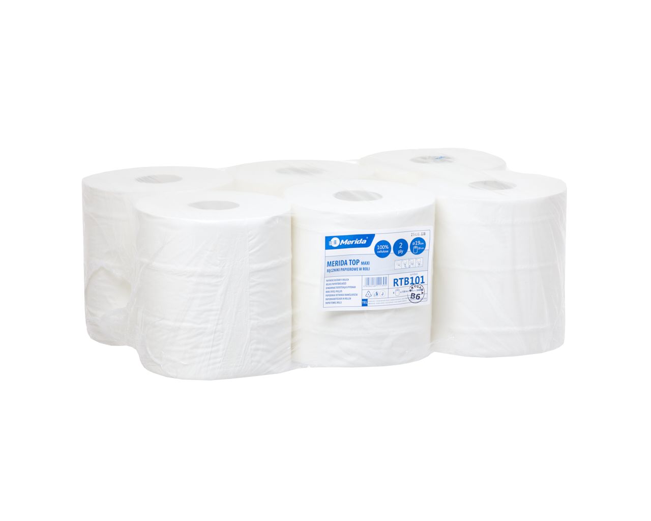 RTB101 Бумажные полотенца в рулонах TOP MAXI, белые, диаметр 19 см, длина 158 м, двухслойные, в упаковке 6 шт. Merida 