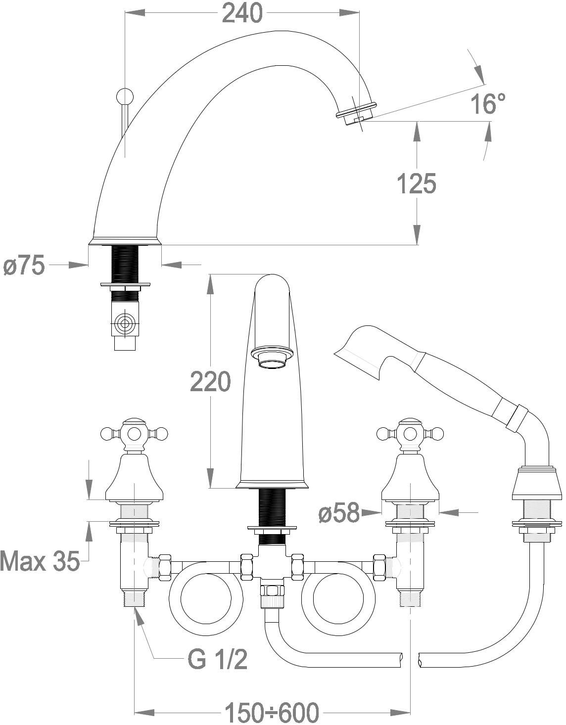 Fir Italia Комплект для ванны с ручным душем на 4 отверстия Melrose 22 2247312 - Вид №3