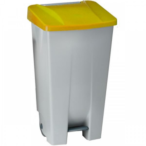 234010 DENOX Контейнер пластиковый серый с ручкой с желтой крышкой с педалью на колесах 120 л. Серый с желтой крышкой