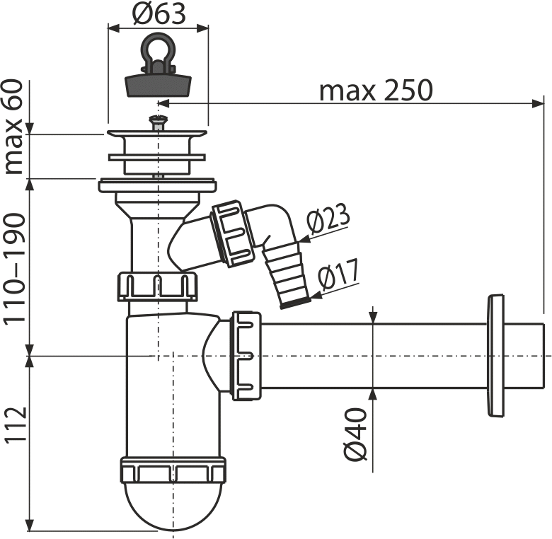 Сифон для умывальника DN40 со штуцером и пластмассовой peшeткой DN63 ALCAPLAST A42P - Вид №1