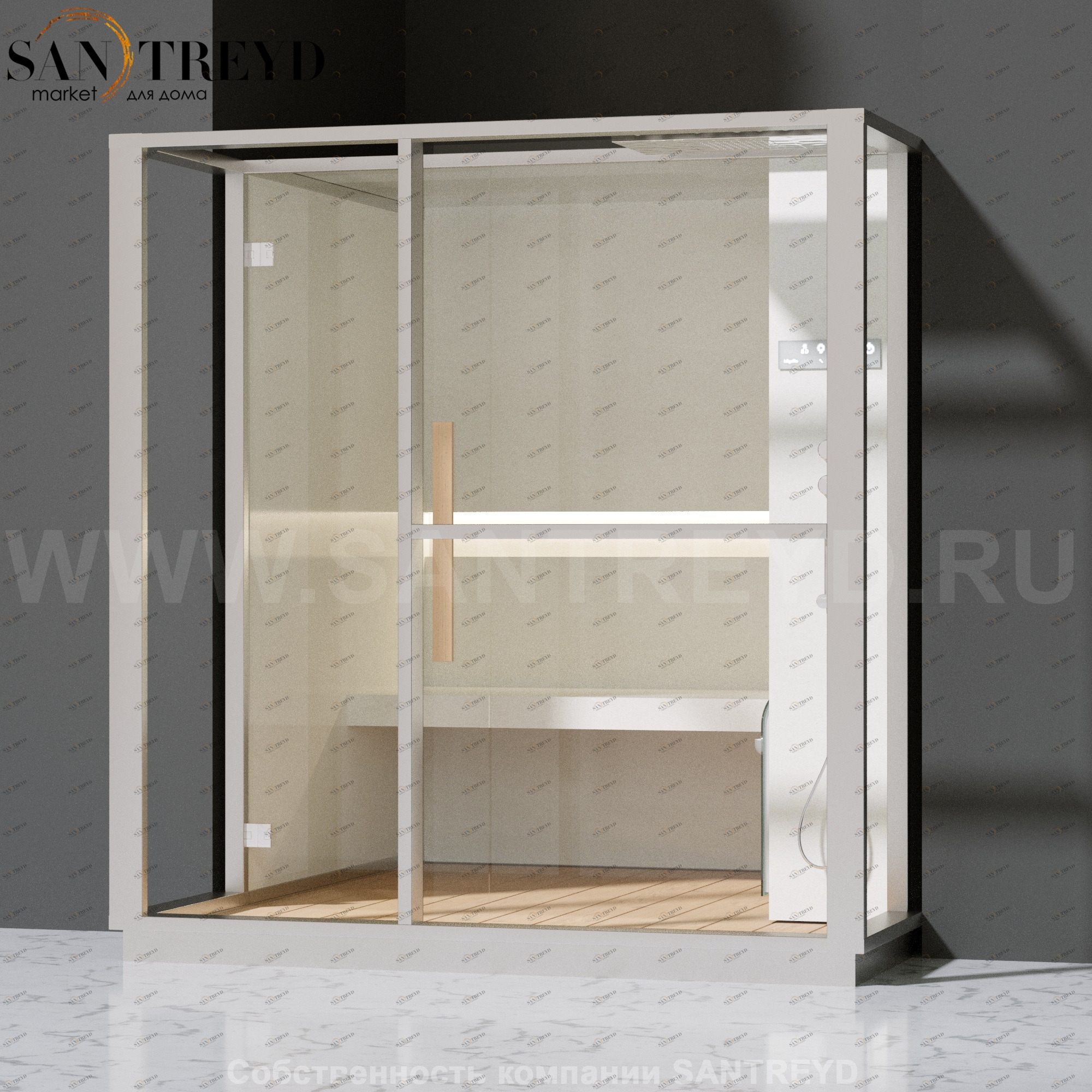 Effegibi LOGICA H LO30020011 Хаммам. Установка: в полунишу. Правая дверь. Мощность: 4,5 кВт макс. Размеры: длина 214 см, ширина 250 см. Отделка: матовый лакированный белый аллюминий и серый ламинат из керамогранита.