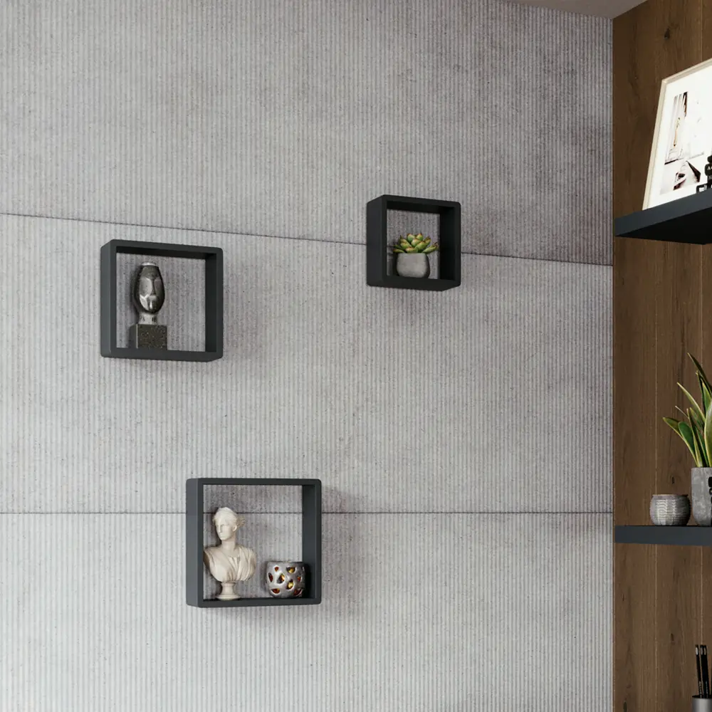 Полка настенная Spaceo 20x20 см/24x24 см/28x28 см МДФ цвет чёрный 3 шт STLM-2051960