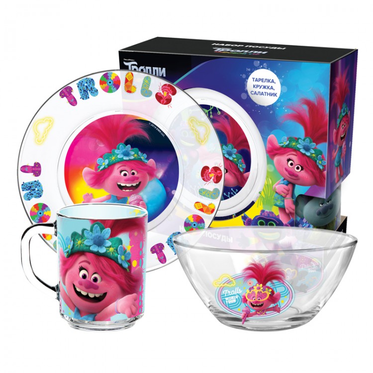 286879 Посуда стеклянная Набор «Тролли 2» 3пр. "Поп" 9.5 х 21 х 21 см Santreyd 
