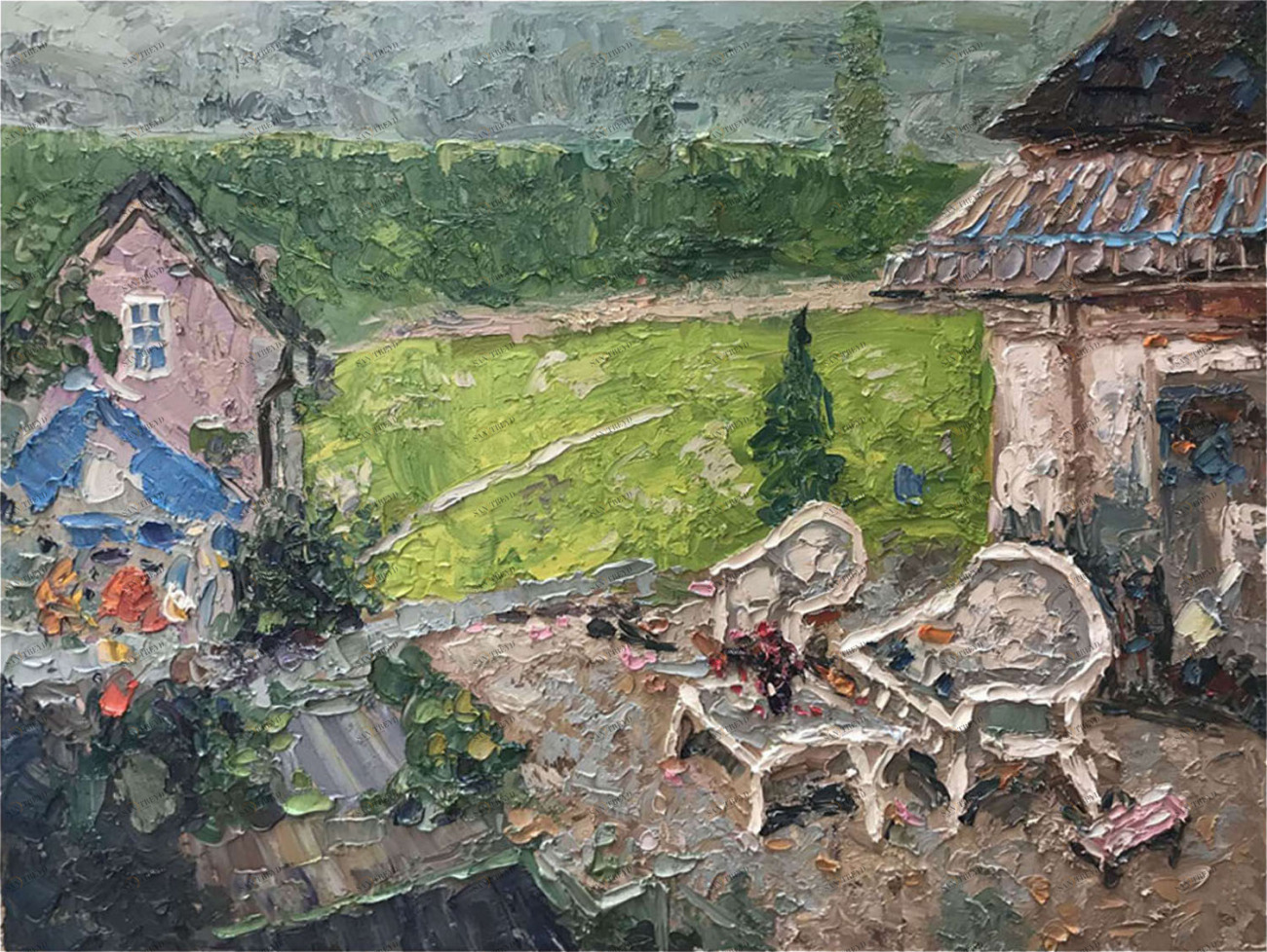 Картина на холсте 90х120 см "Во дворе" EVENHOME КАРТИНЫ МАСЛОМ 129931 Бежевый;зеленый;серый;разноцветный 