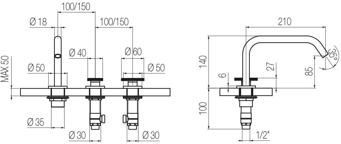 GEDA Смеситель для раковины на 3 отверстия, без сливного крана Tibò Tib12 Santreyd - Вид №3