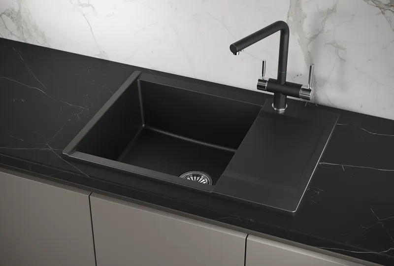 ES-7003, ШВАРЦ (чёрный металлик), кухонная мойка, кварц, ESTETICA GRANULA 7003-ST244 - Вид №1